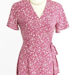 Naggoo Pink Floral Wrap Dress – Short Sleeve, Ruffle Hem, Women’s, Size M